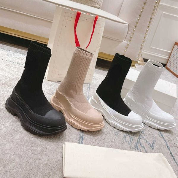 

brand casual shoes 2022 new elastic knitted sock boots women's lovers thick soled high middle barrel martin boots thin short boots, Black