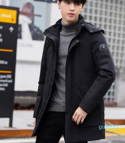

men's down winter parka coat mid-length clothes hooded duck jacket hood, Black