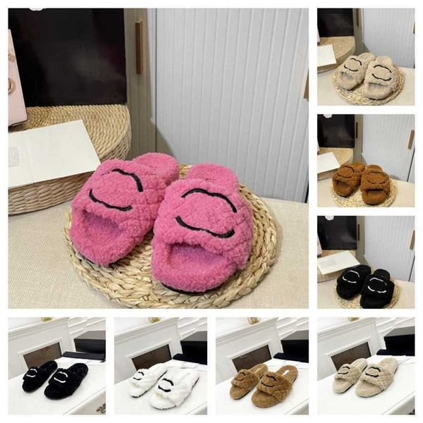 

luxury designer woman fur slippers branded c letter embroidered warm slide womens winter indoor l sandals soft comfortable furry slipper bla, Black
