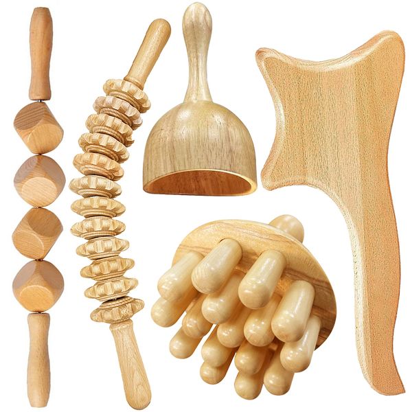 

5 pcs wood therapy massage tools body sculpting set lymphatic drainage anti-cellulite massager for body muscle release