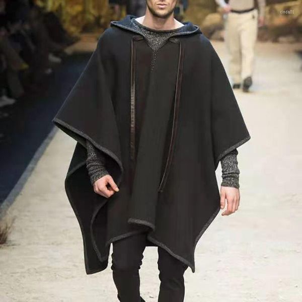 

men's wool women shawl jackets autumn winter men vintage national pattern printed woollen poncho hooded coats xxxl, Black