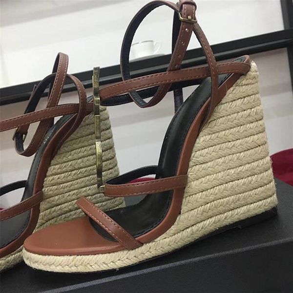 

y luxury brand women sandals genuine leather 12cm wedges heel woman shoes high heels designer sandal back strap 42182s, Black