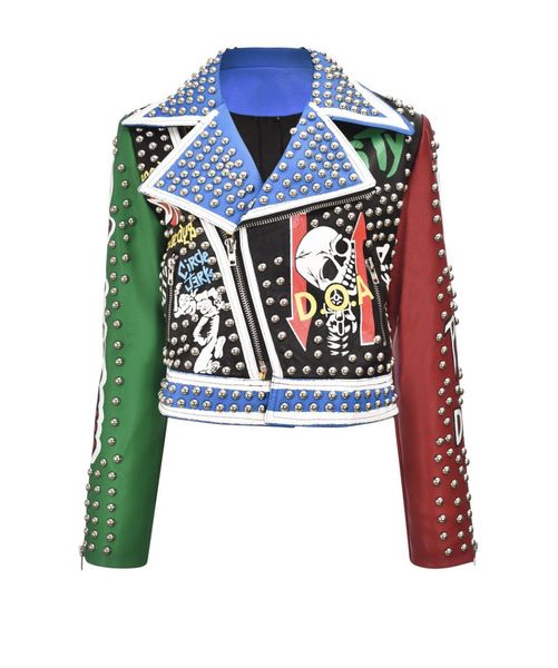 

women's fall new leather jacket street fashion punk clash color print graffiti personality heavy rivets zipper lapel jacket, Black