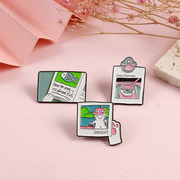 

cute cat fishing by the river afternoon nutritional meal happy books and new spapers delicious dried fish fashion alloy brooch, Gray
