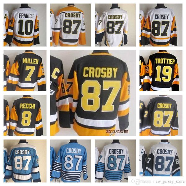 

movie ccm vintage ice hockey jerseys stitched 87 sidney crosby 7 joe mullen 8 mark recchi 10 ron francis 19 bryan trottier jersey, Black;red