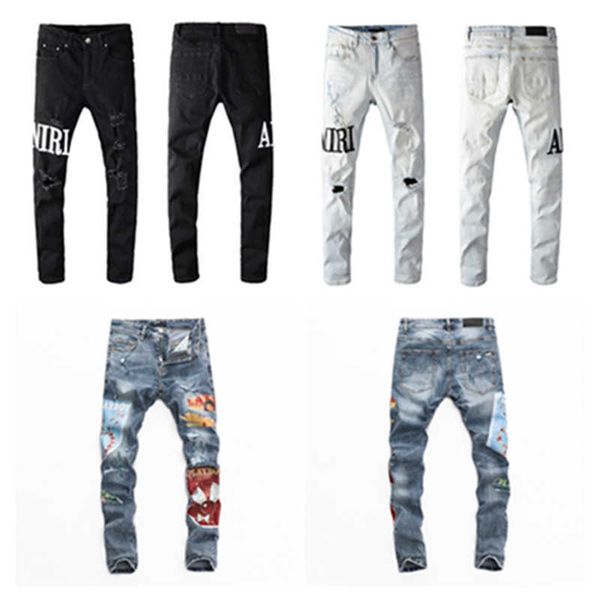 

men's jeans distressed ripped biker slim fit motorcycle denim designer hip hop men 2022 sell, Blue