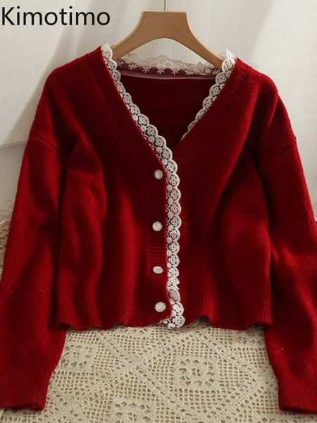 

women's sweaters kimotimo lace stitching knitted vest female 2022 autumn v neck long sleeve sweater jacket korean chic temperament loos, White;black