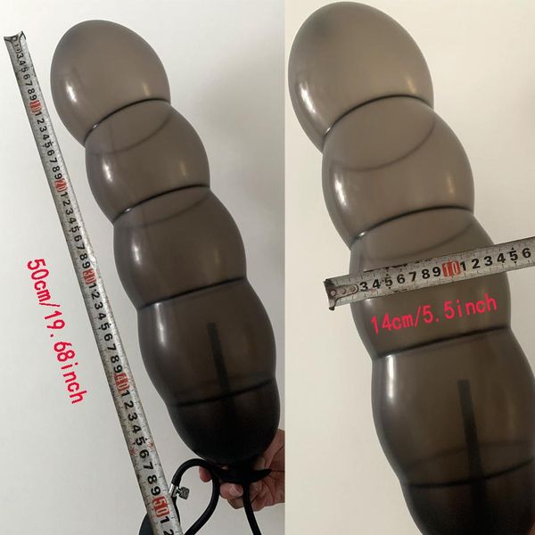 

costumes expansion diameter 14cm inflatable long dildo anal plug with 5 beads built-in silicone column huge butt plug ass dilator t, Black