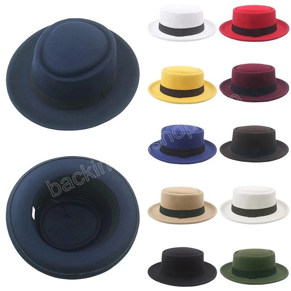 

winter autumn bowler hats imitation woolen wide brim caps men's black white red blue gentleman flat jazz hat, Yellow