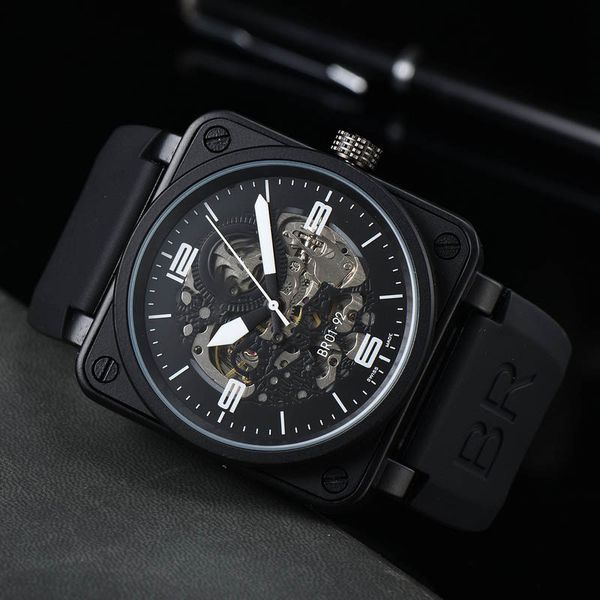 

luxury brand men's mechanical watch business leisure square stainless steel case rubber band watch, Slivery;brown