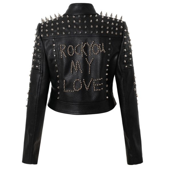 

ladies autumn and winter new street rock motorcycle punk style badge stitching heavy industry rivet short leather jacket, Black