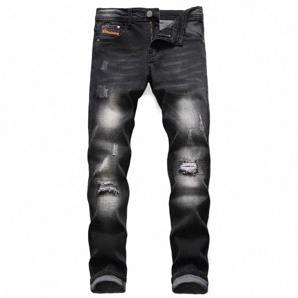 

men's jeans european men italy navy pants slim zipper straight gentleman black hole for h7vn#, Blue