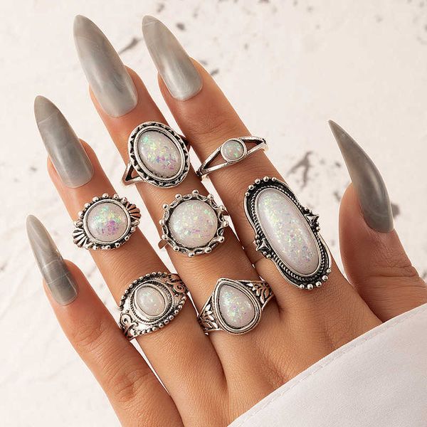

geometric round oval imitation opal seven piece ring joint ring, Silver