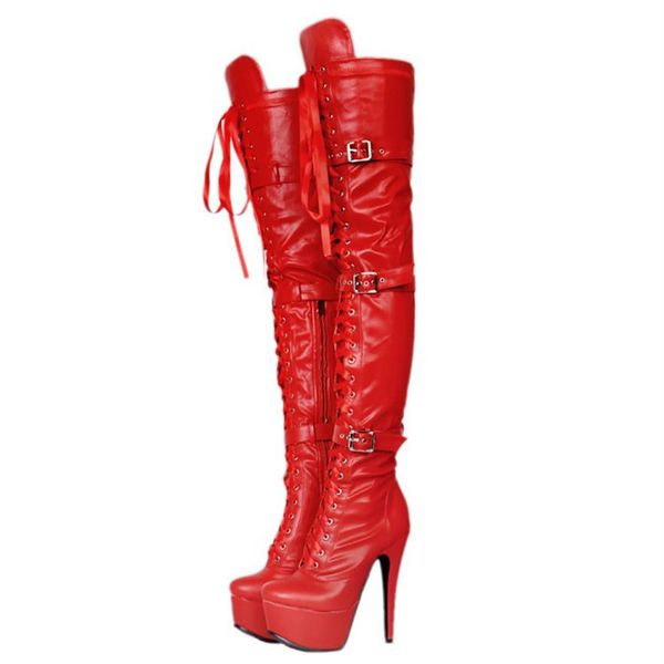 

kolnoo ladies thigh high boots buckle straps night-club dance over knee boots dance evening fashion long boots red shoes 289l, Black