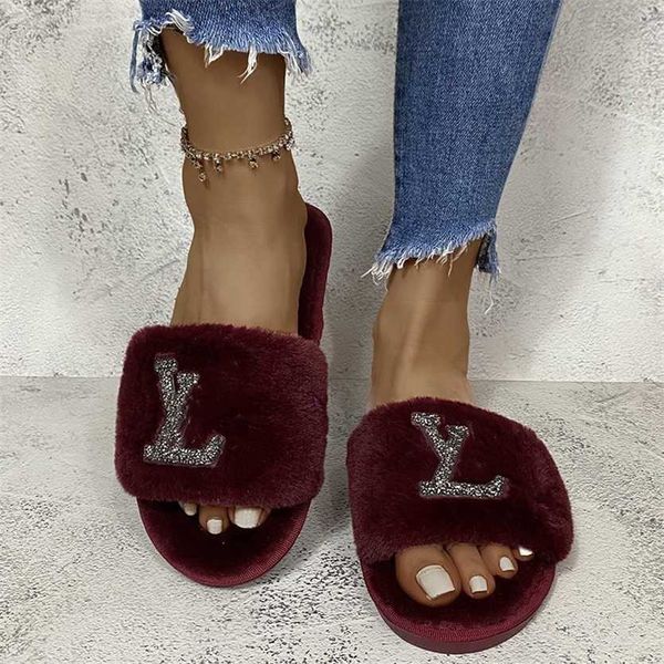 

2022 designer women slippers branded l and v winter plush warm slipper indoor l shoes fur slipper for womens ladies slides flip flops black