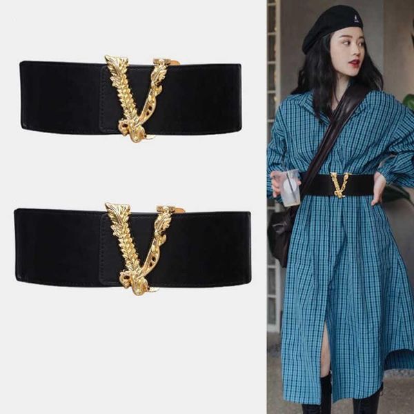 

new designer women decorative elastic wide belt luxury golden alloy buckle waist belts for dress windbreaker accessories gift q0625, Black;brown