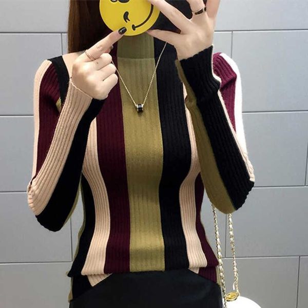 

women's sweaters female sweater 2020 new autumn winter half turtleneck striped slim body elasticity short knit pullover women bottom sw, White;black