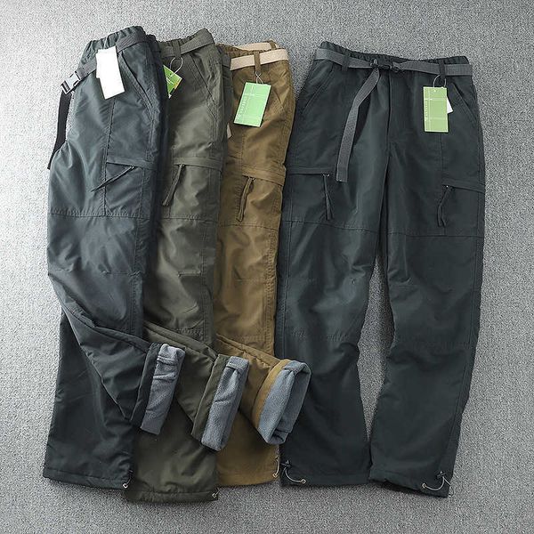 

windproof and waterproof outdoor plush soft shell pants men's straight winter casual multi bag overalls, Black