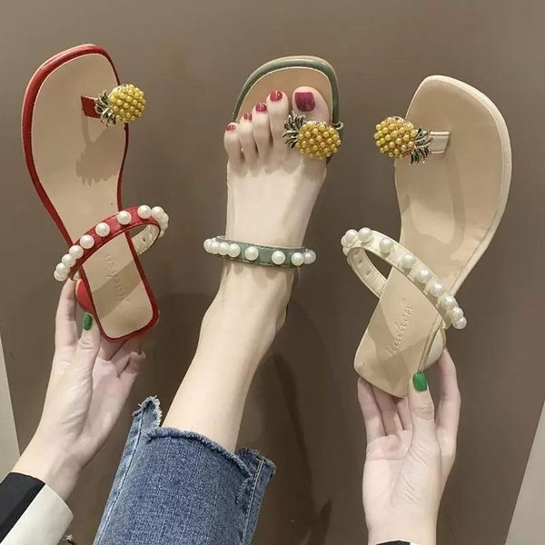

slippers pineapple high heel slides women summer new pearl clip toe slippers woman beach style chunky heels sandals female, Black