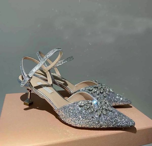 

elegant bridal wedding dress sandals shoes silver glitter leather technical fabric slingback women's pumps crystal-embellishment high h, Black