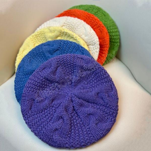 

korean hollow simple solid color knitted beret hat female autumn winter breathable women berets painter hat, Blue;gray
