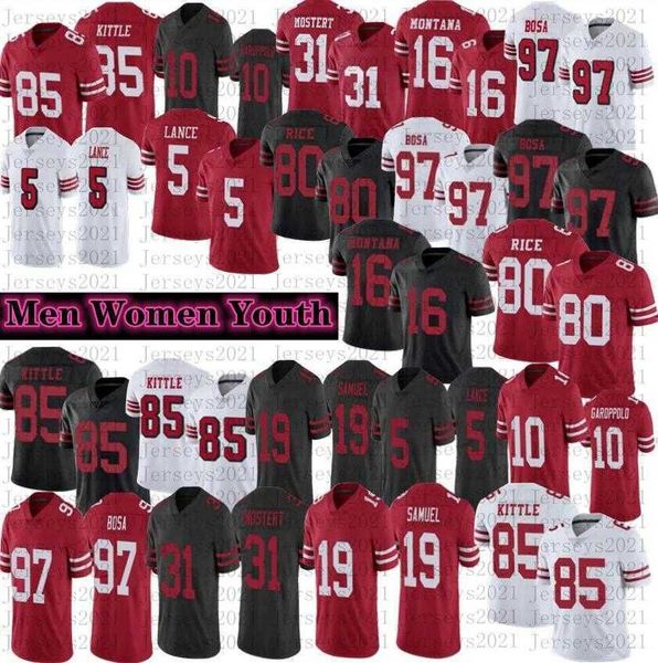 

mens jersey football 5 trey lance 85 george kittle 10 jimmy garoppolo 97 nick bosa jerseys 19 deebo samuel 80 jerry rice 16 joe montana, Black