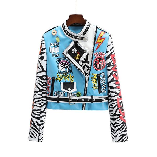 

autumn and winter new fashion punk style street letters fun pattern graffiti printing heavy industry rivet leather jacket ladies, Black