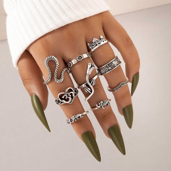 

new style rose elephant ring set geometric animal flower nine piece ring set, Silver