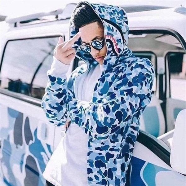 

camo men women hoodies lovers sportwear coat jogger tracksuit zipper fleece sweatshirt hip hop shark mouth print hoodie291p, Black