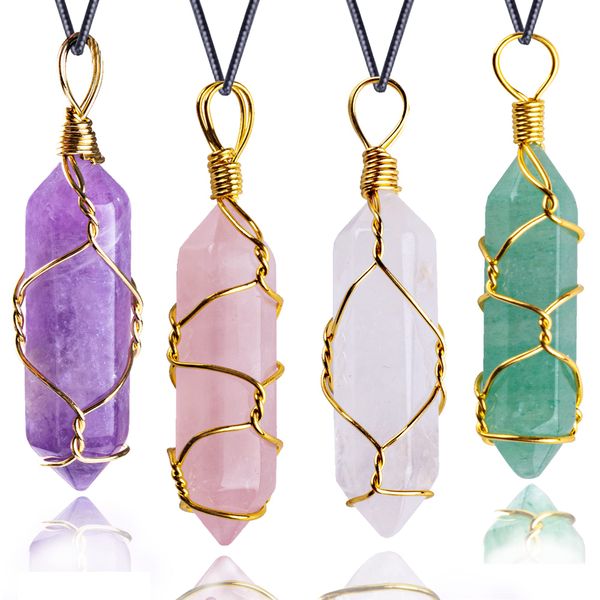 

pendant necklaces natural hexagonal crystal necklace healing chakra crystals gold wire wrapped doubled pointed for women drop deliver amjgl, Silver