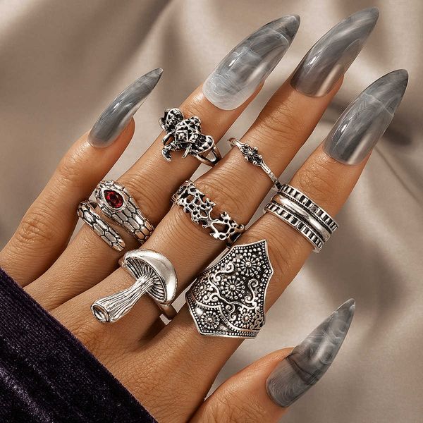 

new national style mushroom snake elephant silver 7-piece ring set female