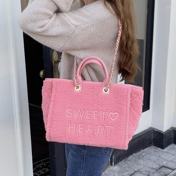 

evening bags winter fashion letter embroidered plush handbag luxury design lamb wool ladies tote bag quality chain shoulder