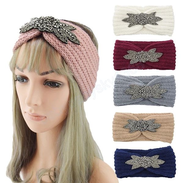 

winter women knitted headband six-leaf crystal beaded elastic hair bands winter crochet head wrap warmer washing face hairbands, Slivery;white