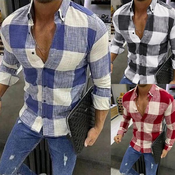 

men's t shirts spring and autumn fashion plaid long-sleeved shirt casual lapel button plus size slim all-match t-shirt, White;black