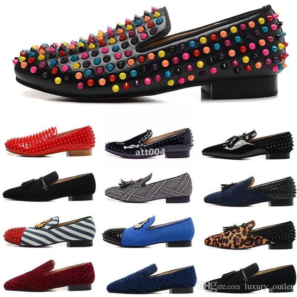 

red-bottoms sandal christians luxury designer mens leather dress shoes spikes flats suede canvas loafers wine red black blue scarpe de lfj