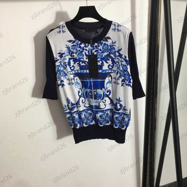 

clothes womens t-shirt a short slim half-sleeve knit national style blue and white porcelain printing knitted shirt clothes women