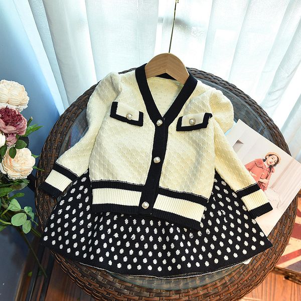 

girls clothes sets kids v-neck single breasted long sleeve polka dots skirt 2pcs autumn children princess outfits q9315, White