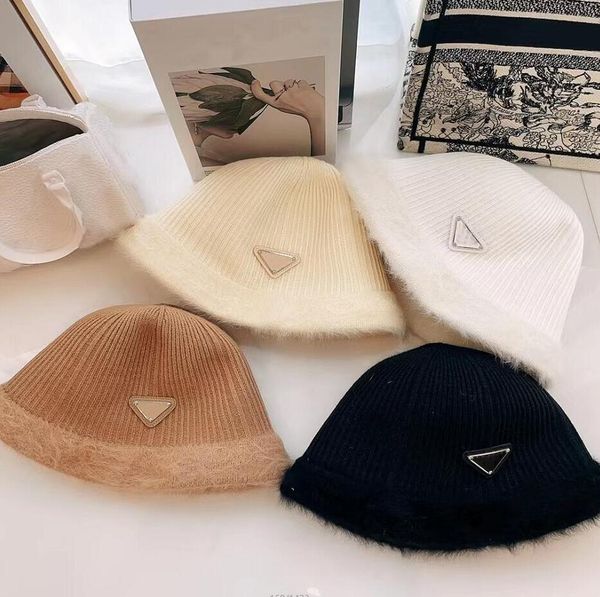 

double-faced stingy brim hats designer beanie winter rabbit fur fisherman hat wool knitted leisure caps womens fashion warmth solid color lu, Blue;gray