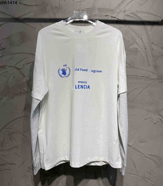 

high version fashion brand balencaigaess autumn new wfp grain limited splicing sleeve fake two long sleeve t-shirts for men and women, White;black