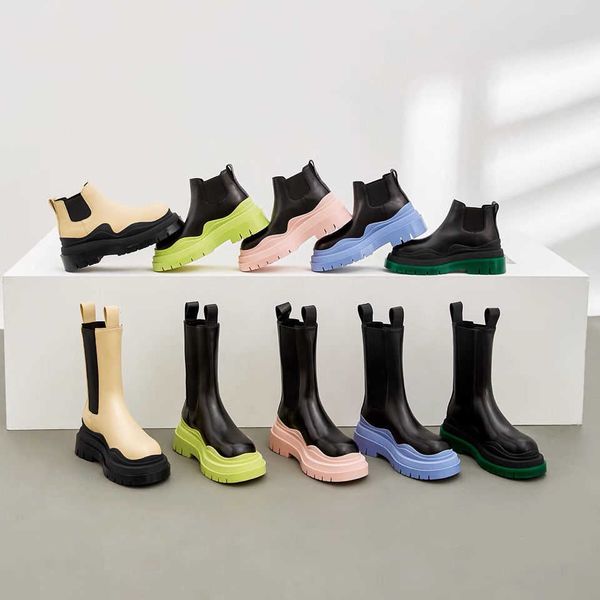 

designer boots fashion brand bottega leather martin boot women short booties chimney middle tube thick bottom chelsea shoes, Black