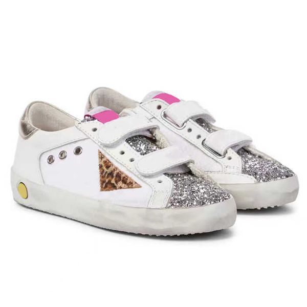 

2022 white italy kids size children's casual shoes classic do-old dirty golden glitter hook loop sneakers leather super star shoe metal, Black