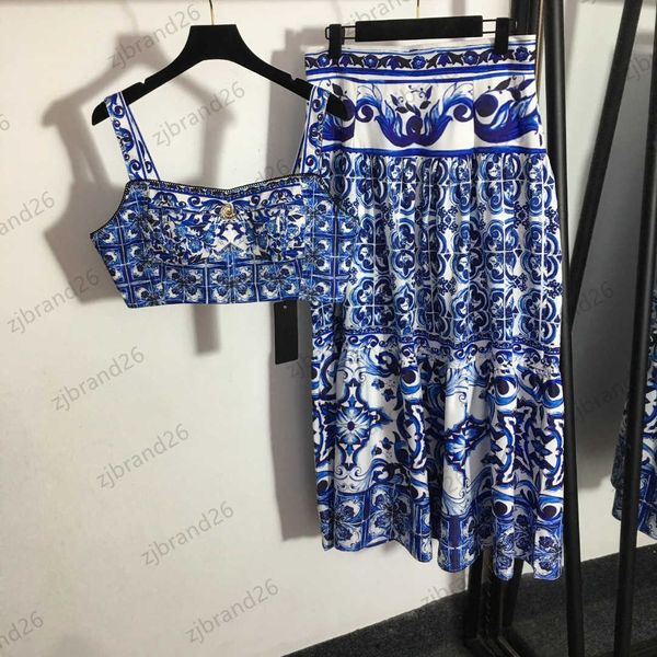 

womens two piece set half dress designer women clothes strapless halter vest high waisted pleated skirt suit blue and white porcelain print
