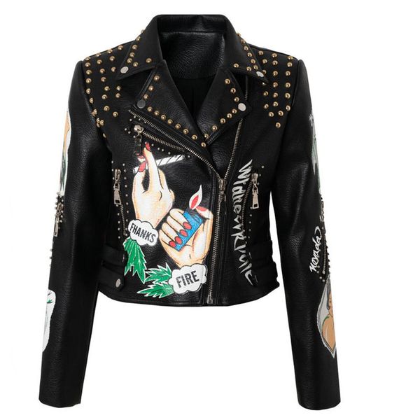 

women's spring and autumn new street hip hop rock personality urban girl print tiger heavy industry rivet short leather jacket, Black