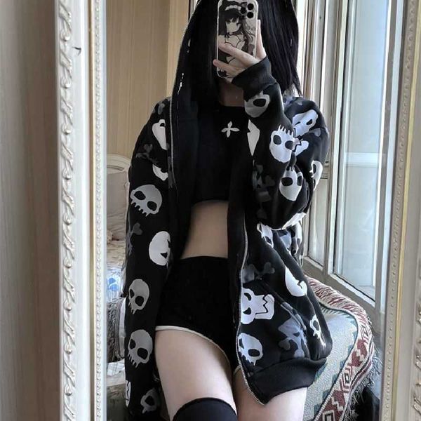 

women's hoodies grunge oversize skull print sweatshirts women hoodies women y2k casual clothes harajuku vintage retro winter women zip, Black