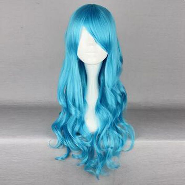 

anime long dark blue harajuku wind super cute wave roll cos wig, Black