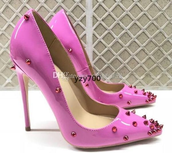 

red-bottoms shoe christians new brand red studded patent leather high heel women rose pink lacquer rivet spiked pointed shoes lady cpv, Black