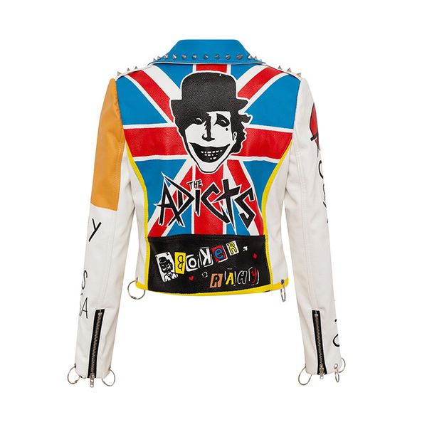 

women's spring and autumn new street hip-hop rock punk fun pattern graffiti printing heavy industry rivet leather jacket spot, Black