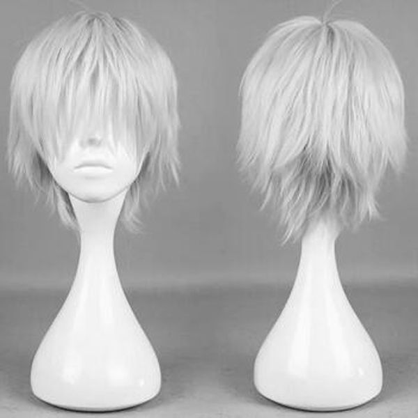 

new popular synthetic short animation silver white cos wig, Black