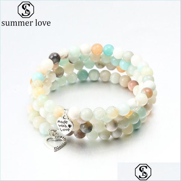 

beaded new natural stone bead bracele four laps sier heart pendant elastic string bracelet for women jewelry wholesale-z drop deliver dhfb2, Black
