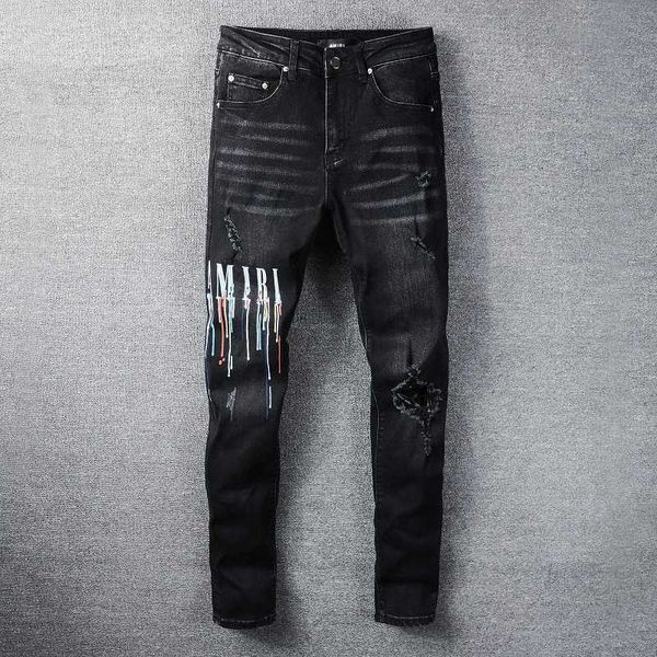 

2022 men's jeans designer a mirsy pants casual hip hop high street worn out and washed splash ink color painting slim fit pant, Blue